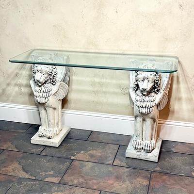Stone Style Winged Lion Beveled Glass Top Table ~ *Read Details