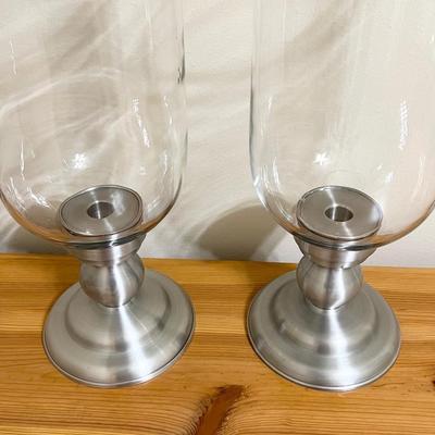 GODINGER ~ Pair (2) Metal & Glass Hurricane Candlestick Holders