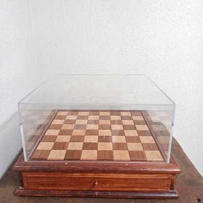 Magnificent Large Craft Art Pottery Piece Chess Game with Plexi-glass cover and storage drawers for pieces