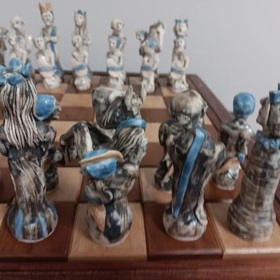Magnificent Large Craft Art Pottery Piece Chess Game with Plexi-glass cover and storage drawers for pieces