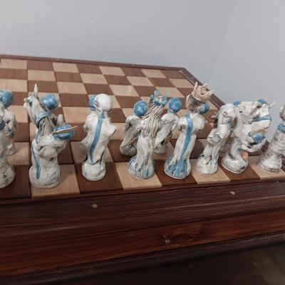 Magnificent Large Craft Art Pottery Piece Chess Game with Plexi-glass cover and storage drawers for pieces