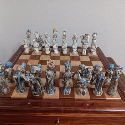 Magnificent Large Craft Art Pottery Piece Chess Game with Plexi-glass cover and storage drawers for pieces