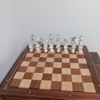 Magnificent Large Craft Art Pottery Piece Chess Game with Plexi-glass cover and storage drawers for pieces