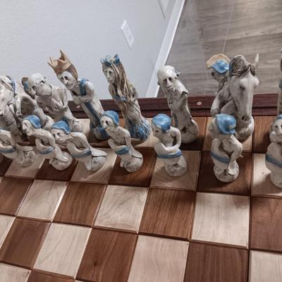 Magnificent Large Craft Art Pottery Piece Chess Game with Plexi-glass cover and storage drawers for pieces