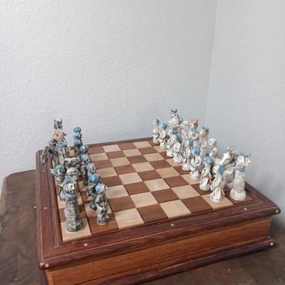 Magnificent Large Craft Art Pottery Piece Chess Game with Plexi-glass cover and storage drawers for pieces