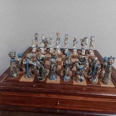 Magnificent Large Craft Art Pottery Piece Chess Game with Plexi-glass cover and storage drawers for pieces