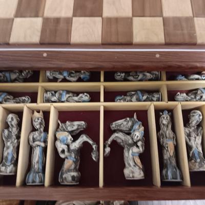 Magnificent Large Craft Art Pottery Piece Chess Game with Plexi-glass cover and storage drawers for pieces