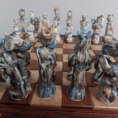 Magnificent Large Craft Art Pottery Piece Chess Game with Plexi-glass cover and storage drawers for pieces