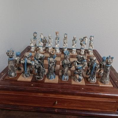 Magnificent Large Craft Art Pottery Piece Chess Game with Plexi-glass cover and storage drawers for pieces