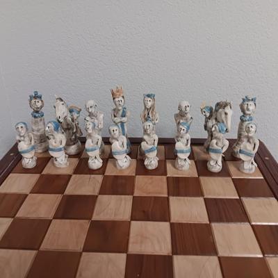 Magnificent Large Craft Art Pottery Piece Chess Game with Plexi-glass cover and storage drawers for pieces