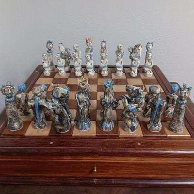Magnificent Large Craft Art Pottery Piece Chess Game with Plexi-glass cover and storage drawers for pieces
