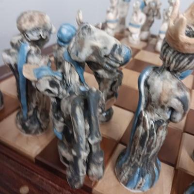 Magnificent Large Craft Art Pottery Piece Chess Game with Plexi-glass cover and storage drawers for pieces