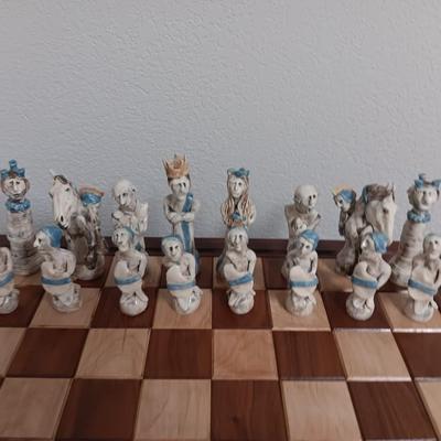 Magnificent Large Craft Art Pottery Piece Chess Game with Plexi-glass cover and storage drawers for pieces