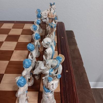 Magnificent Large Craft Art Pottery Piece Chess Game with Plexi-glass cover and storage drawers for pieces
