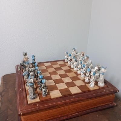Magnificent Large Craft Art Pottery Piece Chess Game with Plexi-glass cover and storage drawers for pieces
