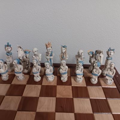 Magnificent Large Craft Art Pottery Piece Chess Game with Plexi-glass cover and storage drawers for pieces