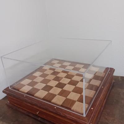 Magnificent Large Craft Art Pottery Piece Chess Game with Plexi-glass cover and storage drawers for pieces