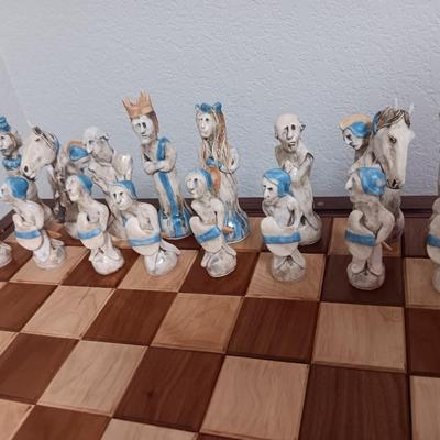 Magnificent Large Craft Art Pottery Piece Chess Game with Plexi-glass cover and storage drawers for pieces