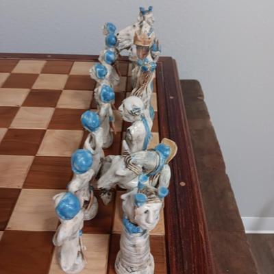 Magnificent Large Craft Art Pottery Piece Chess Game with Plexi-glass cover and storage drawers for pieces
