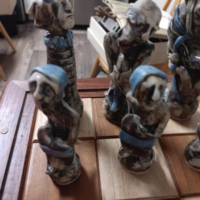 Magnificent Large Craft Art Pottery Piece Chess Game with Plexi-glass cover and storage drawers for pieces