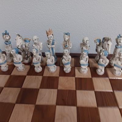 Magnificent Large Craft Art Pottery Piece Chess Game with Plexi-glass cover and storage drawers for pieces