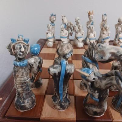 Magnificent Large Craft Art Pottery Piece Chess Game with Plexi-glass cover and storage drawers for pieces