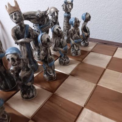 Magnificent Large Craft Art Pottery Piece Chess Game with Plexi-glass cover and storage drawers for pieces