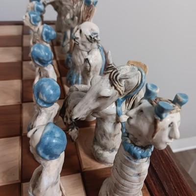 Magnificent Large Craft Art Pottery Piece Chess Game with Plexi-glass cover and storage drawers for pieces