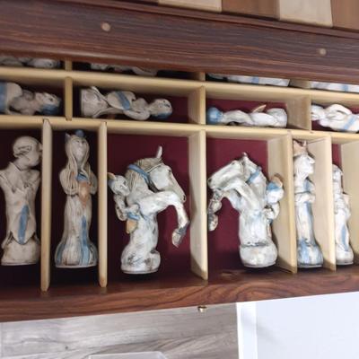 Magnificent Large Craft Art Pottery Piece Chess Game with Plexi-glass cover and storage drawers for pieces
