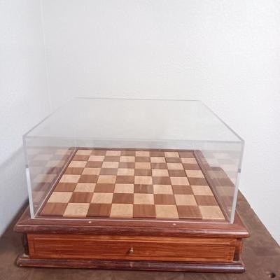 Magnificent Large Craft Art Pottery Piece Chess Game with Plexi-glass cover and storage drawers for pieces