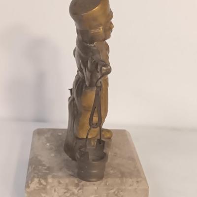 vintage Brass Dutch German Boy and Girl Carrying Water Buckets on marble base