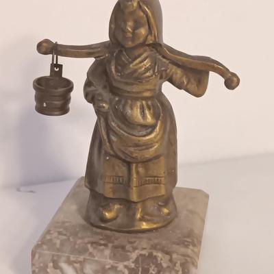 vintage Brass Dutch German Boy and Girl Carrying Water Buckets on marble base