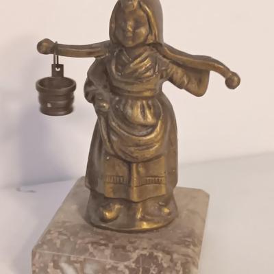 vintage Brass Dutch German Boy and Girl Carrying Water Buckets on marble base