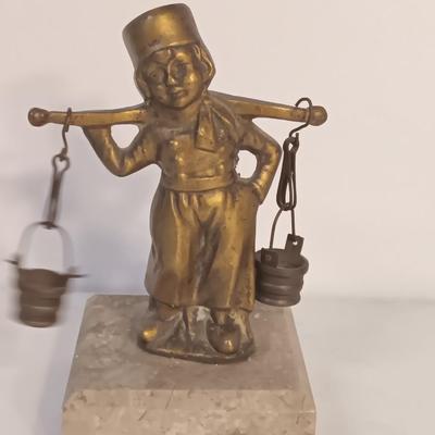 vintage Brass Dutch German Boy and Girl Carrying Water Buckets on marble base