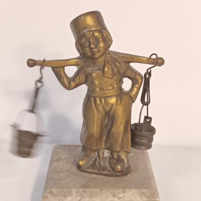 vintage Brass Dutch German Boy and Girl Carrying Water Buckets on marble base