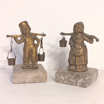 vintage Brass Dutch German Boy and Girl Carrying Water Buckets on marble base