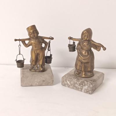 vintage Brass Dutch German Boy and Girl Carrying Water Buckets on marble base