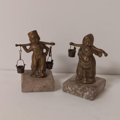 vintage Brass Dutch German Boy and Girl Carrying Water Buckets on marble base