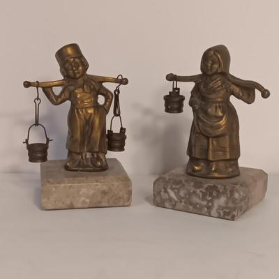 vintage Brass Dutch German Boy and Girl Carrying Water Buckets on marble base