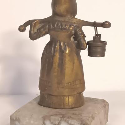 vintage Brass Dutch German Boy and Girl Carrying Water Buckets on marble base