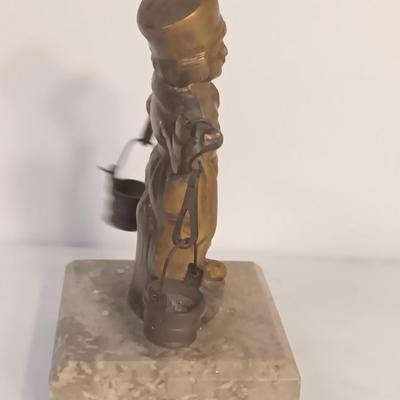 vintage Brass Dutch German Boy and Girl Carrying Water Buckets on marble base
