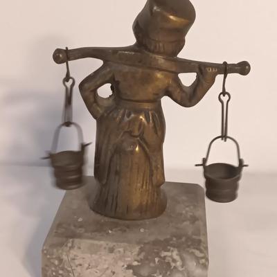 vintage Brass Dutch German Boy and Girl Carrying Water Buckets on marble base