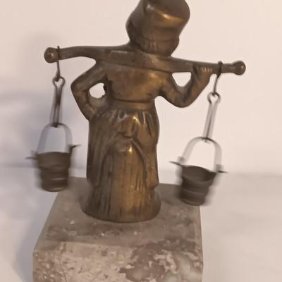 vintage Brass Dutch German Boy and Girl Carrying Water Buckets on marble base