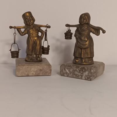 vintage Brass Dutch German Boy and Girl Carrying Water Buckets on marble base