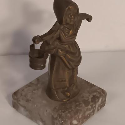 vintage Brass Dutch German Boy and Girl Carrying Water Buckets on marble base