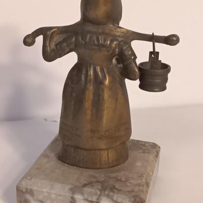 vintage Brass Dutch German Boy and Girl Carrying Water Buckets on marble base