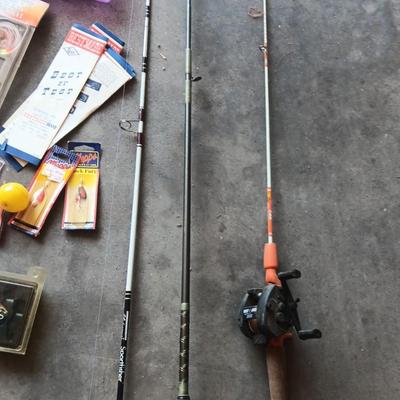 FISHING POLES W/REELS, TACKLE AND THERMOS COOLER