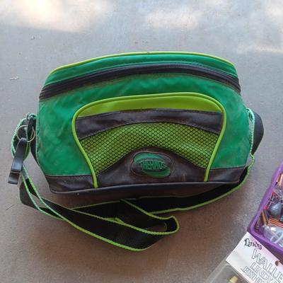 FISHING POLES W/REELS, TACKLE AND THERMOS COOLER