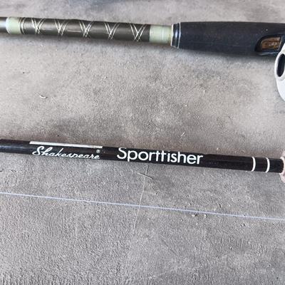 FISHING POLES W/REELS, TACKLE AND THERMOS COOLER