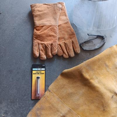 LEATHER APRON AND GLOVES, SAFETY GLASSES AND SHIELD